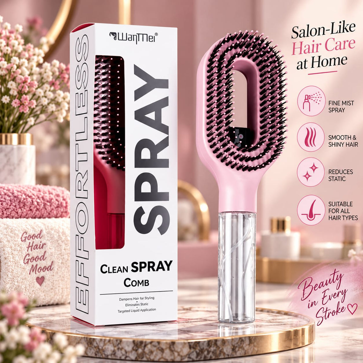New Water Spraying Hair Comb, Anti-Frizz Smoothing Hair Brush With Essential Oil Conditioning Spray Function