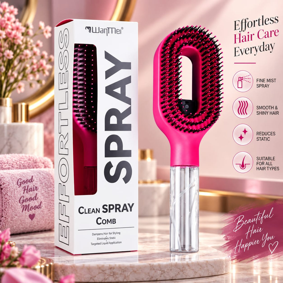 New Water Spraying Hair Comb, Anti-Frizz Smoothing Hair Brush With Essential Oil Conditioning Spray Function
